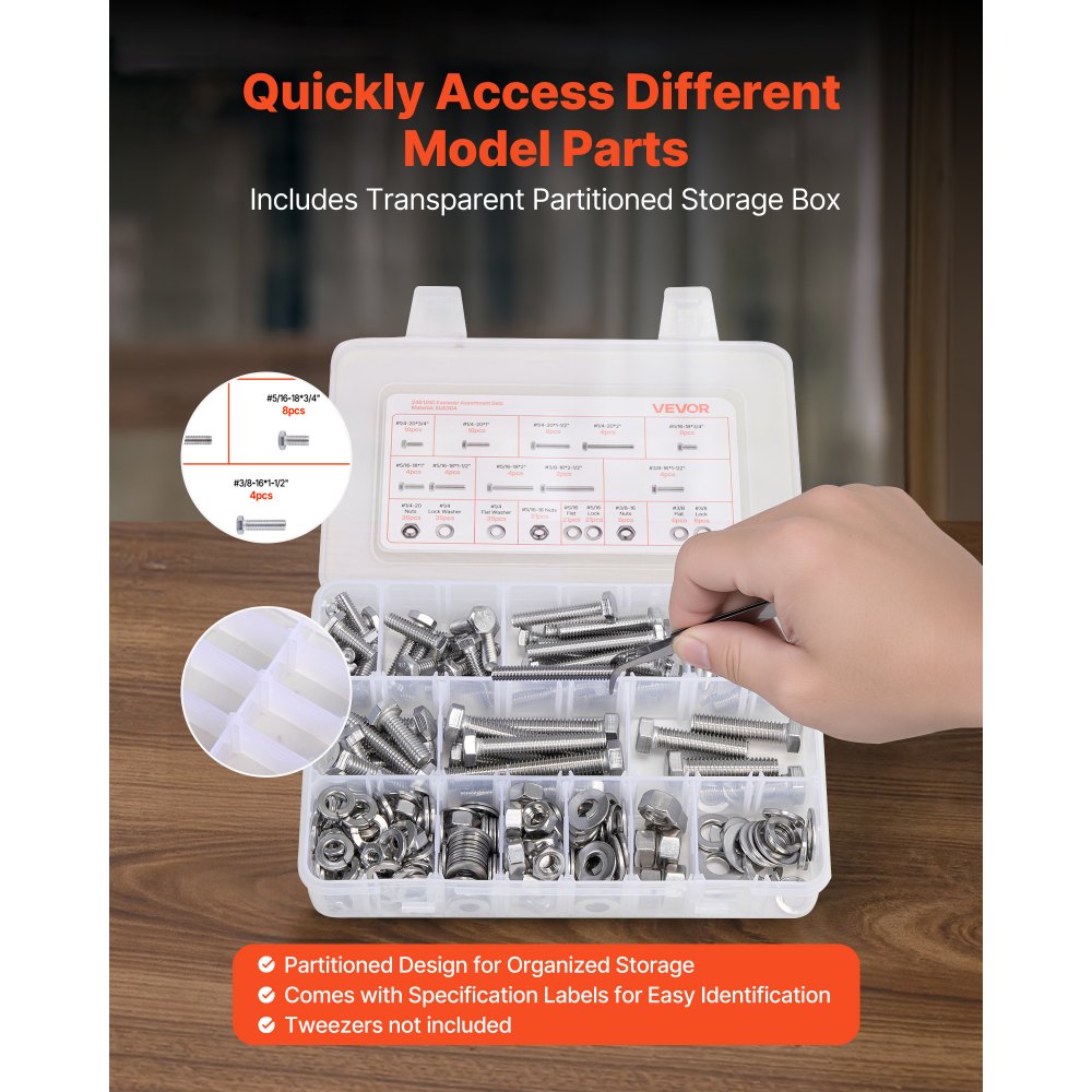 VEVOR 246 Pcs Bolts and Nuts Assortment Kit, Imperial Screws and Flat Washers, Stainless Steel 1/4-20,5/16-18,3/8-16, Spring Lock Washers for Furniture / Equipment /Vehicle Assembly with Case