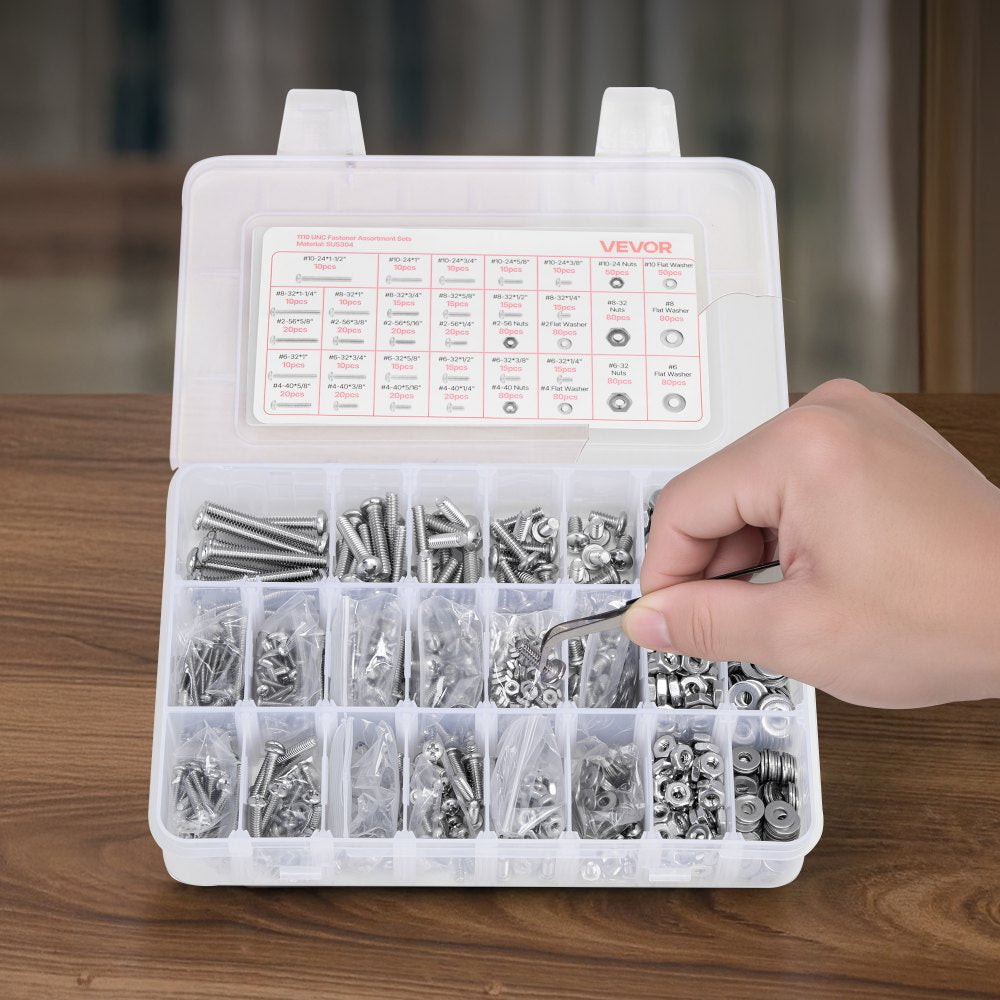 VEVOR 1110 Pcs Bolts and Nuts Assortment Kit, Imperial Machine Screws and Flat Washers, Stainless Steel 10-24,8-32,2-56,6-32,4-40, for Furniture /Equipment/Vehicle Assembly, Silver