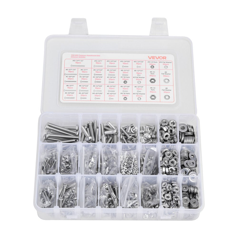 VEVOR 1110 Pcs Bolts and Nuts Assortment Kit, Imperial Machine Screws and Flat Washers, Stainless Steel 10-24,8-32,2-56,6-32,4-40, for Furniture /Equipment/Vehicle Assembly, Silver