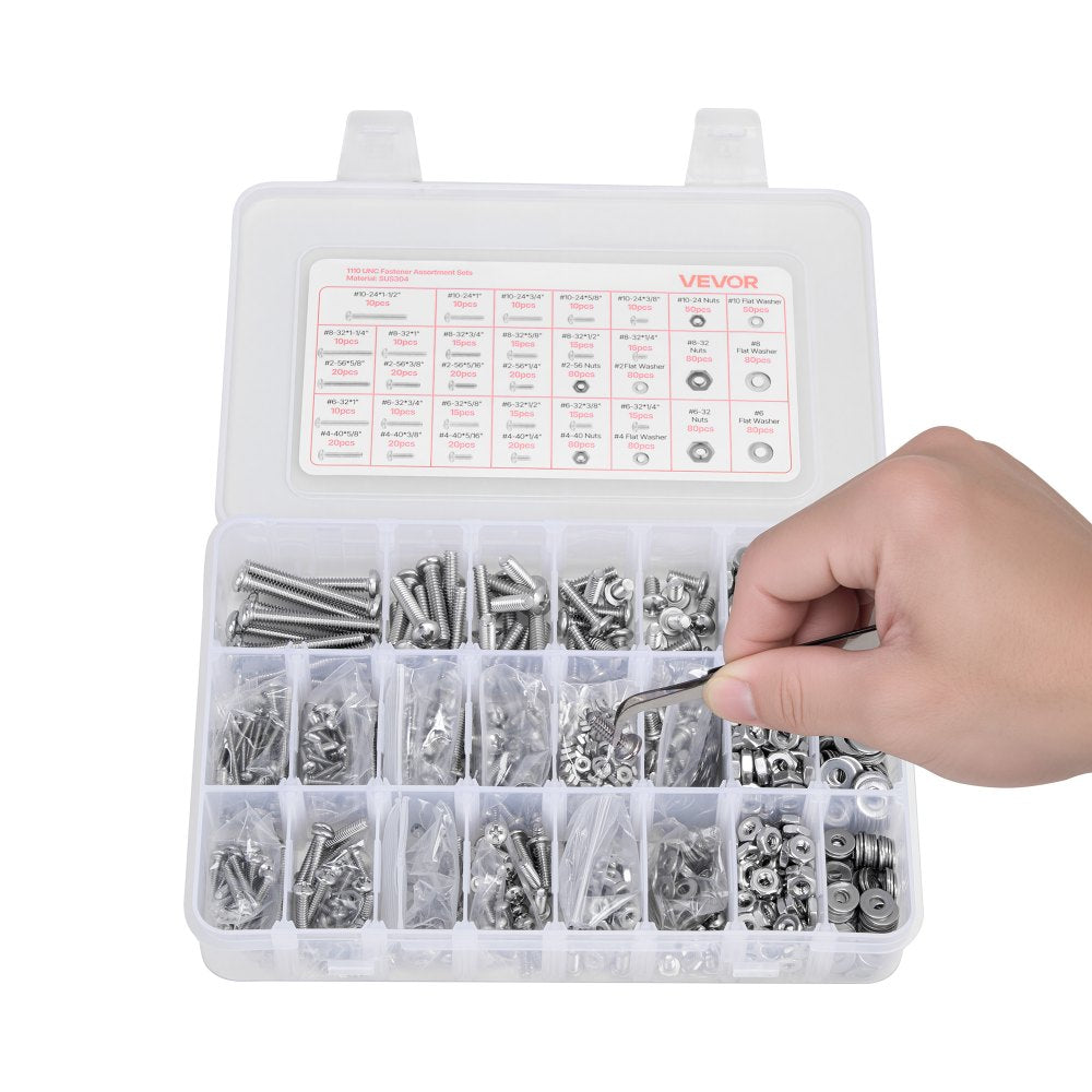 VEVOR 1110 Pcs Bolts and Nuts Assortment Kit, Imperial Machine Screws and Flat Washers, Stainless Steel 10-24,8-32,2-56,6-32,4-40, for Furniture /Equipment/Vehicle Assembly, Silver