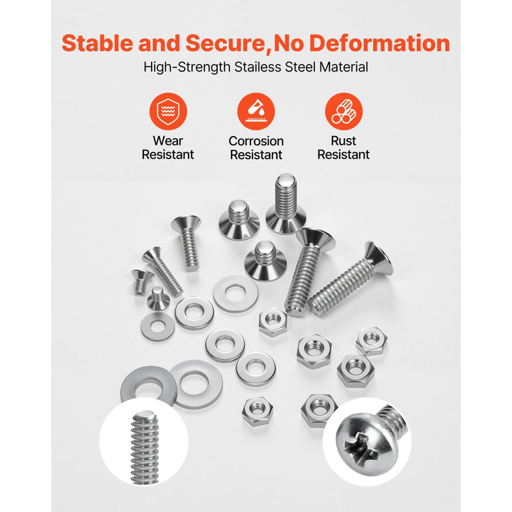 VEVOR 720 Pcs Bolts and Nuts Assortment Kit, Imperial Machine Screws and Flat Washers, Stainless Steel 6-32,8-32,10-24,1/4-20, for Furniture /Equipment/Vehicle Assembly, Silver