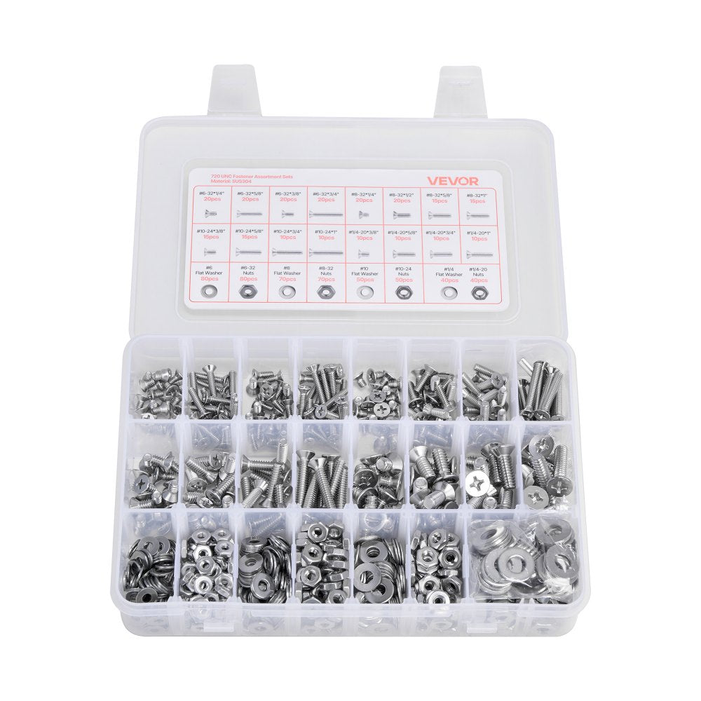 VEVOR 720 Pcs Bolts and Nuts Assortment Kit, Imperial Machine Screws and Flat Washers, Stainless Steel 6-32,8-32,10-24,1/4-20, for Furniture /Equipment/Vehicle Assembly, Silver