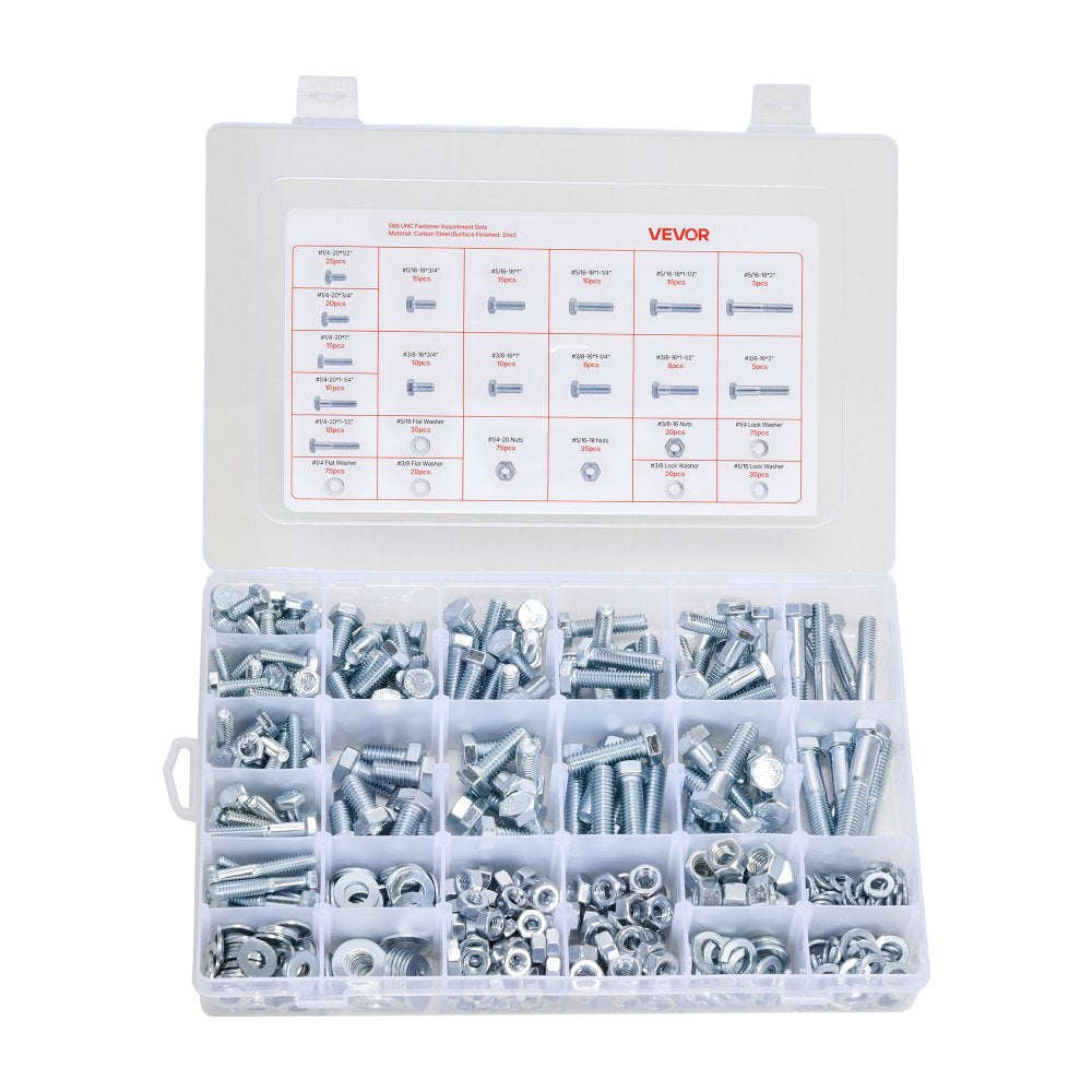 VEVOR 566 Pcs Bolts and Nuts Assortment Kit, Imperial Machine Screws and Flat Washers, Alloy Steel 1/4-20,5/16-18,3/8-16, for Furniture /Equipment/Vehicle Assembly, Galvanized White