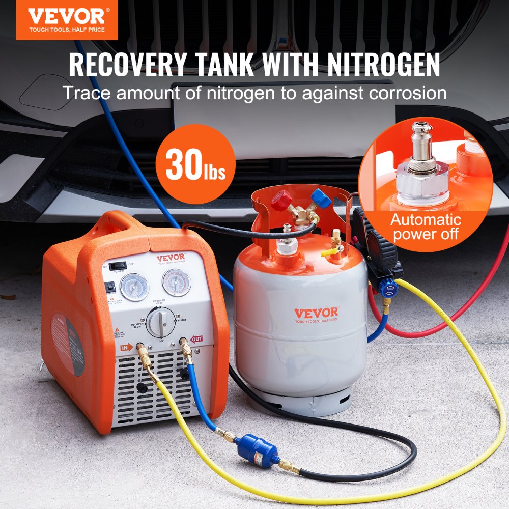 VEVOR Refrigerant Recovery Tank with Float Switch - 30 lb. Capacity ac Recovery Tank with ¼ to ½ Adaptor, Reusable Recovery Tank HVAC for All Refrigerant, Prevent Overflow, with Trace Amount of N₂