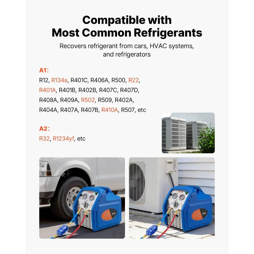 VEVOR Portable Refrigerant Recovery Machine, 1 HP 120V 60Hz Dual Cylinder AC Recovery Machine for Liquid Vapor Refrigerant, 1750 RPM Recycling Unit HVAC for Automotive & Household Air Conditioning