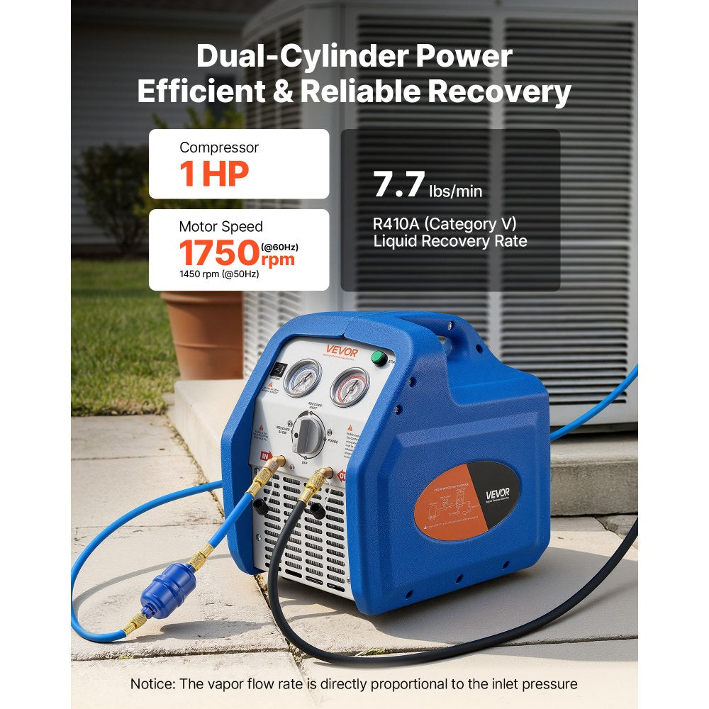 VEVOR Portable Refrigerant Recovery Machine, 1 HP 120V 60Hz Dual Cylinder AC Recovery Machine for Liquid Vapor Refrigerant, 1750 RPM Recycling Unit HVAC for Automotive & Household Air Conditioning