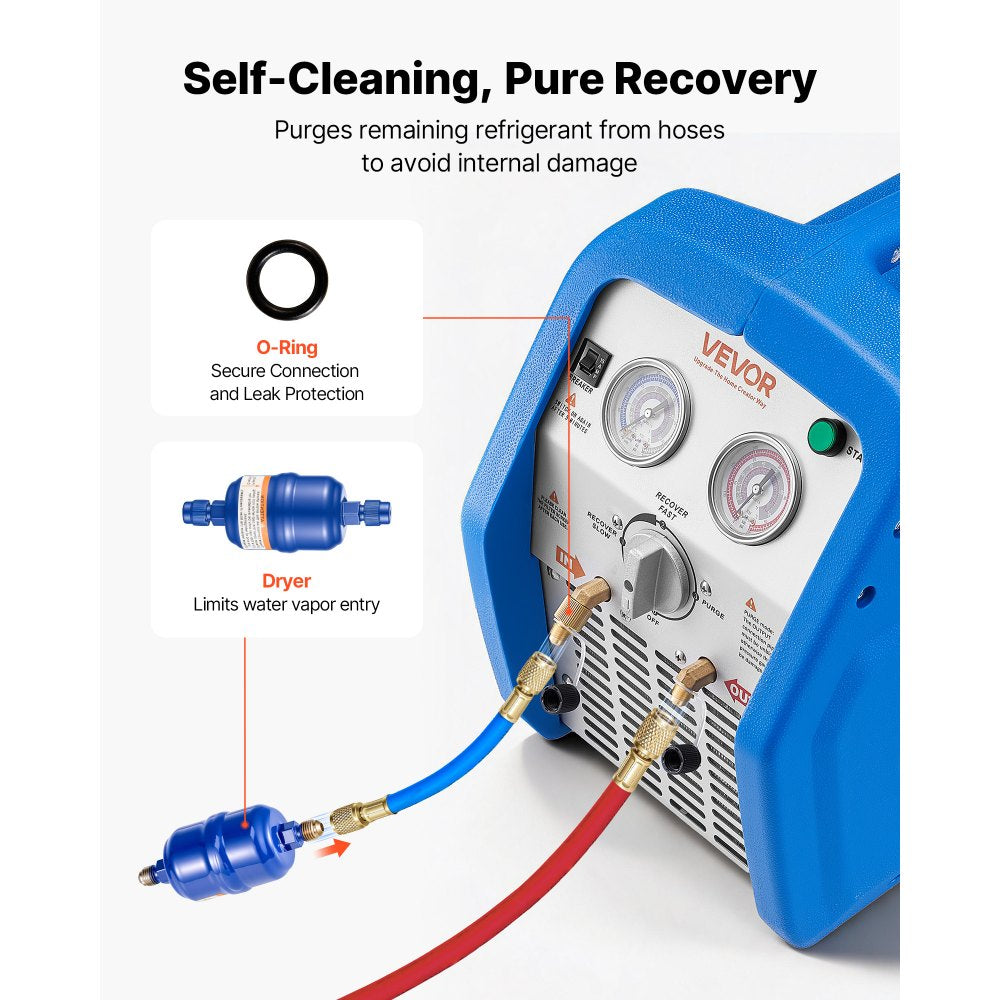 VEVOR Portable Refrigerant Recovery Machine, 1 HP 120V 60Hz Dual Cylinder AC Recovery Machine for Liquid Vapor Refrigerant, 1750 RPM Recycling Unit HVAC for Automotive & Household Air Conditioning