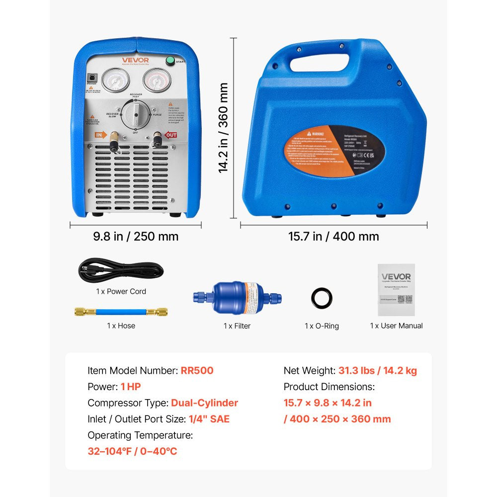 VEVOR Portable Refrigerant Recovery Machine, 1 HP 120V 60Hz Dual Cylinder AC Recovery Machine for Liquid Vapor Refrigerant, 1750 RPM Recycling Unit HVAC for Automotive & Household Air Conditioning