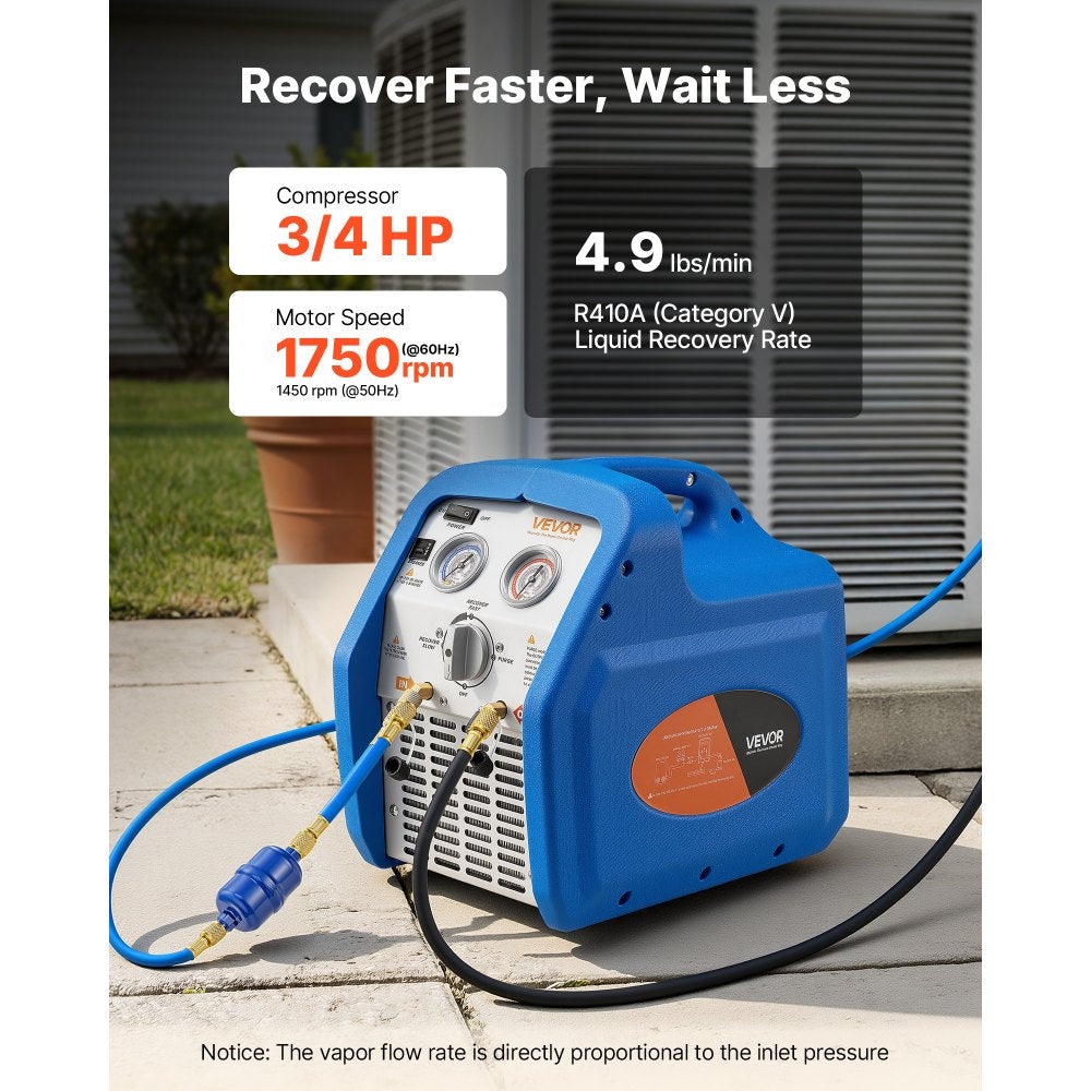 VEVOR Portable Refrigerant Recovery Machine, 3/4 HP 120V 60Hz Single Cylinder AC Recovery Machine for Liquid Vapor Refrigerant, 1750 RPM Recycling Unit HVAC for Automotive & Household Air Conditioning