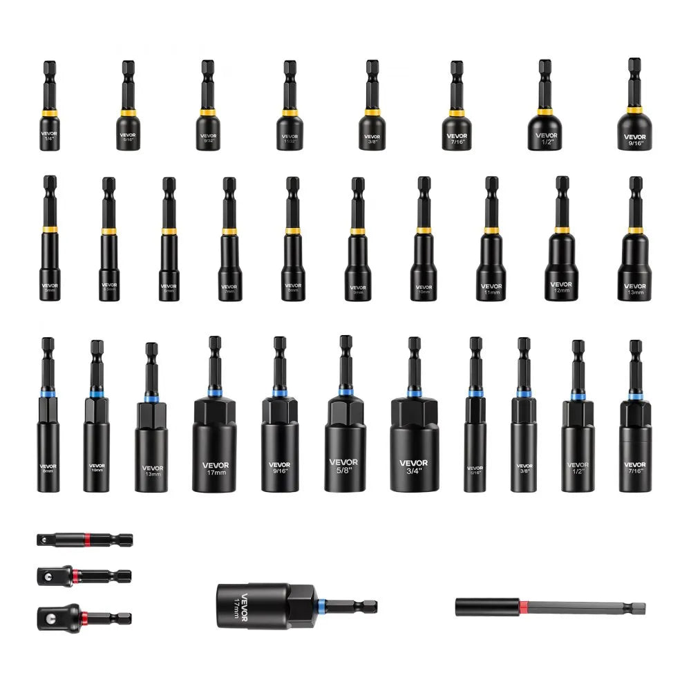 VEVOR Master Magnetic Impact Nut Driver Set 34-Piece, Metric & SAE Sizes, with Nut Setter, Quick Release Extension, Wing Nut Driver, Storage Box, Versatile for Automotive, Machinery, and DIY Tasks