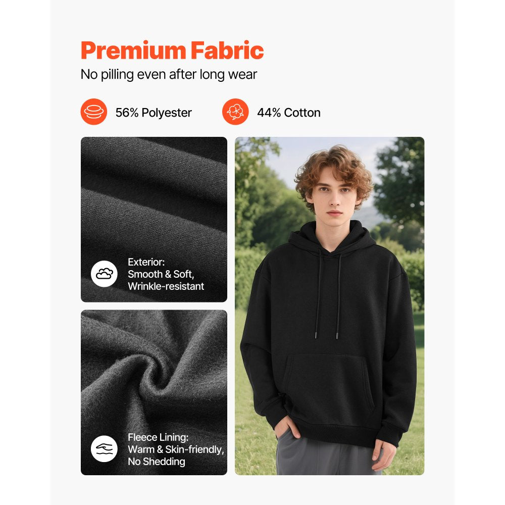 VEVOR Men Pullover Hoodie, Medium Size, Fleece Long Sleeve Comfy Casual Basic Pullover Hooded Sweatshirt, Warm & Skin-friendly, Practical & Trendy, Black Hoodie with Large Pocket for Fall & Winter