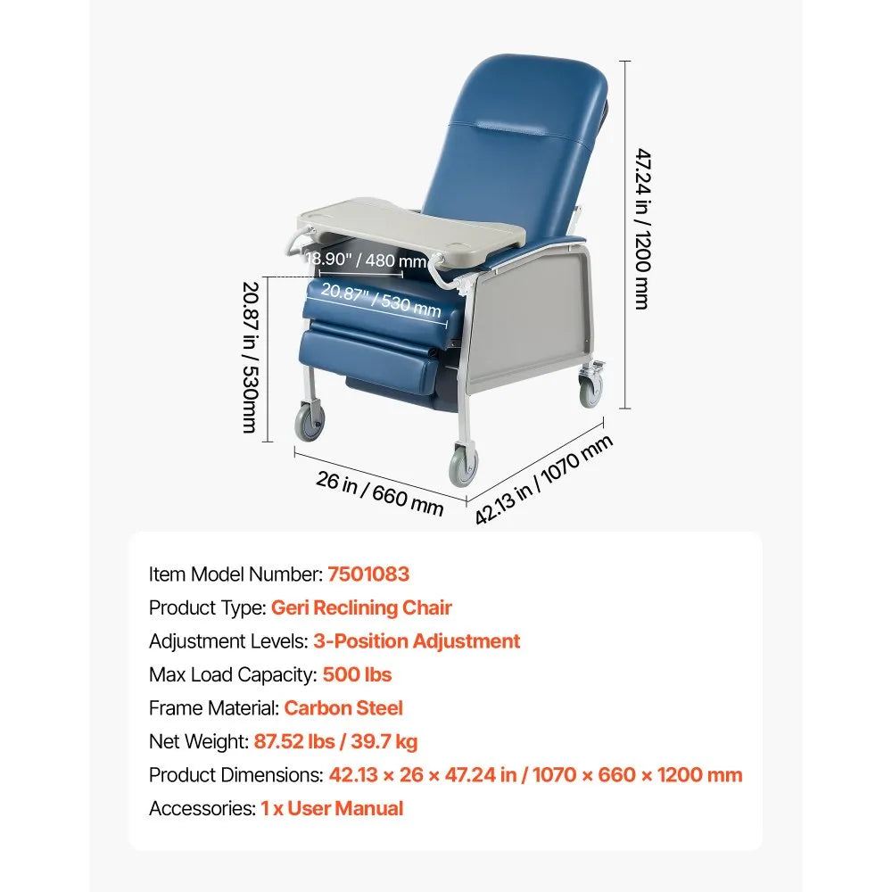 VEVOR 3-Position Geri Reclining Chair 500LBS Capacity Geri Chair Recliner, Comfortable Medical Recliner Chairs with 4 Wheels, Soft Padded Seat & Tray Table for Hospitals, Clinics, Geriatric Home Care