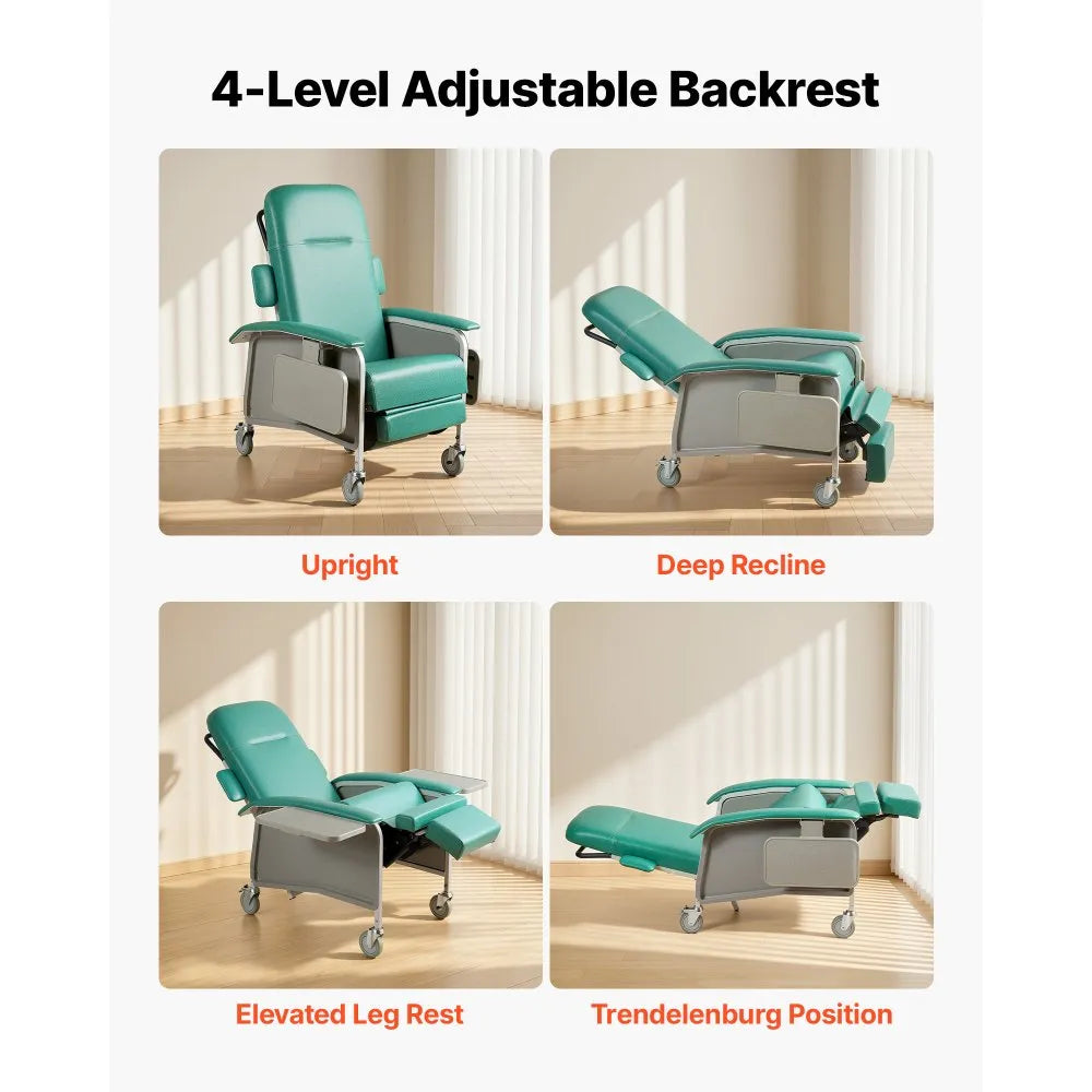 VEVOR 4-Position Geri Reclining Chair 500LBS Capacity Geri Chair Recliner, 4-Wheel Medical Recliner Chairs with Trendelenburg, Soft Padded Seat & Trays for Hospitals, Clinics, Geriatric Home Care