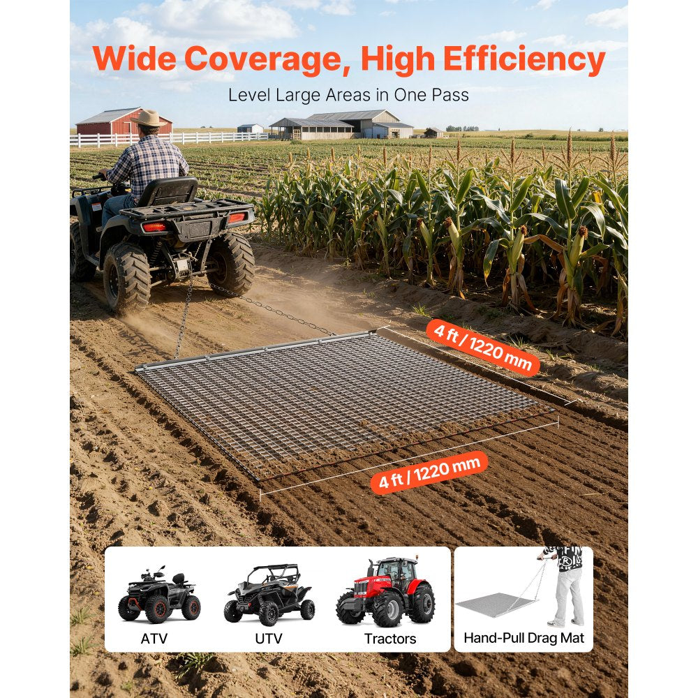 VEVOR Drag Harrow, 4 x 4 ft, High-Efficiency Chain Harrow Rake, ATVs UTVs Tractors Attachments, Durable Galvanized Steel Mesh Drag Mat with Towing Chain, for Gravel Driveway Ruts Farm Field Leveling