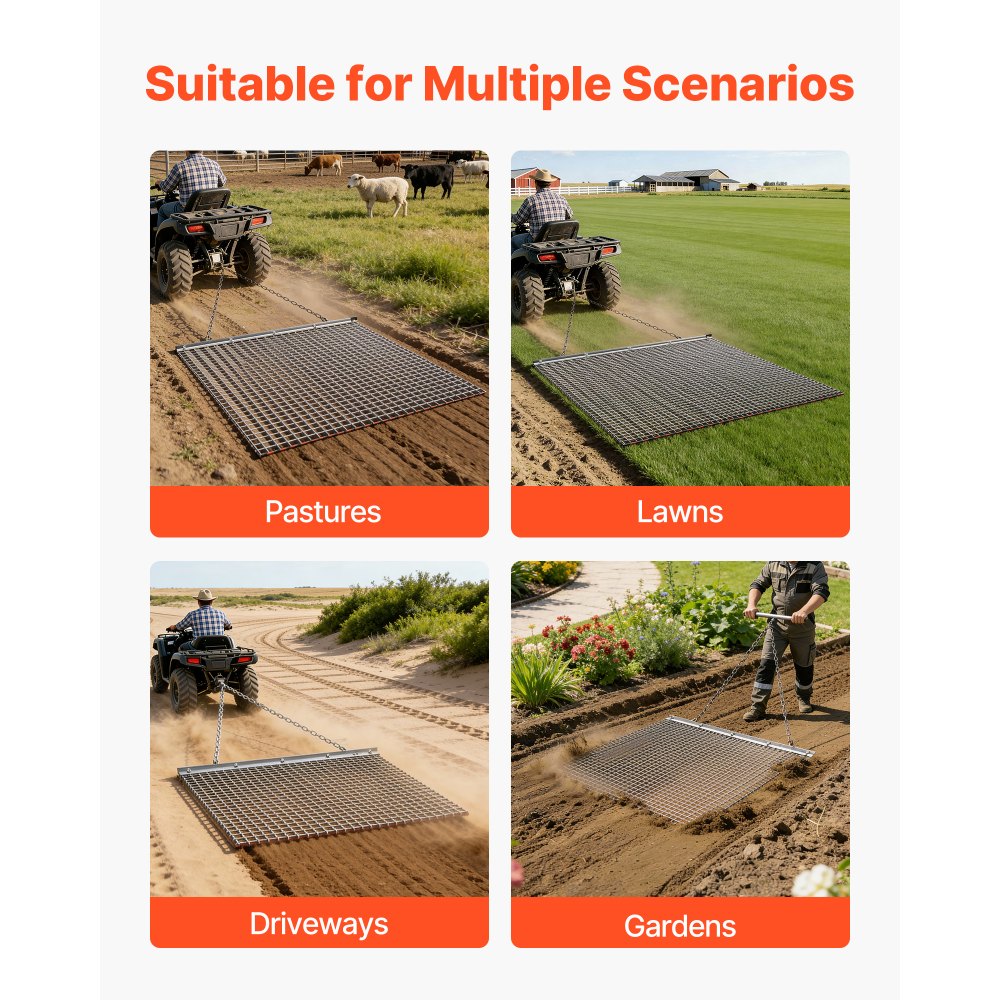 VEVOR Drag Harrow, 4 x 4 ft, High-Efficiency Chain Harrow Rake, ATVs UTVs Tractors Attachments, Durable Galvanized Steel Mesh Drag Mat with Towing Chain, for Gravel Driveway Ruts Farm Field Leveling