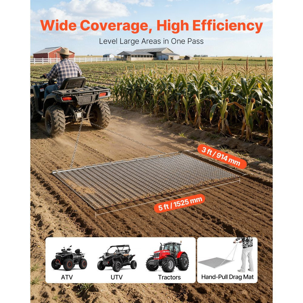VEVOR Drag Harrow, 5 x 3 ft, High-Efficiency Chain Harrow Rake, ATVs UTVs Tractors Attachments, Durable Galvanized Steel Mesh Drag Mat with Towing Chain, for Gravel Driveway Ruts Farm Field Leveling