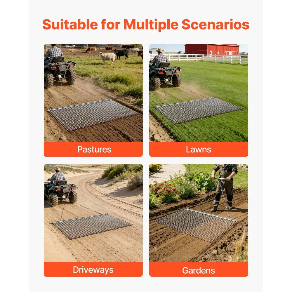 VEVOR Drag Harrow, 6 x 3 ft, High-Efficiency Chain Harrow Rake, ATVs UTVs Tractors Attachments, Durable Galvanized Steel Mesh Drag Mat with Towing Chain, for Gravel Driveway Ruts Farm Field Leveling