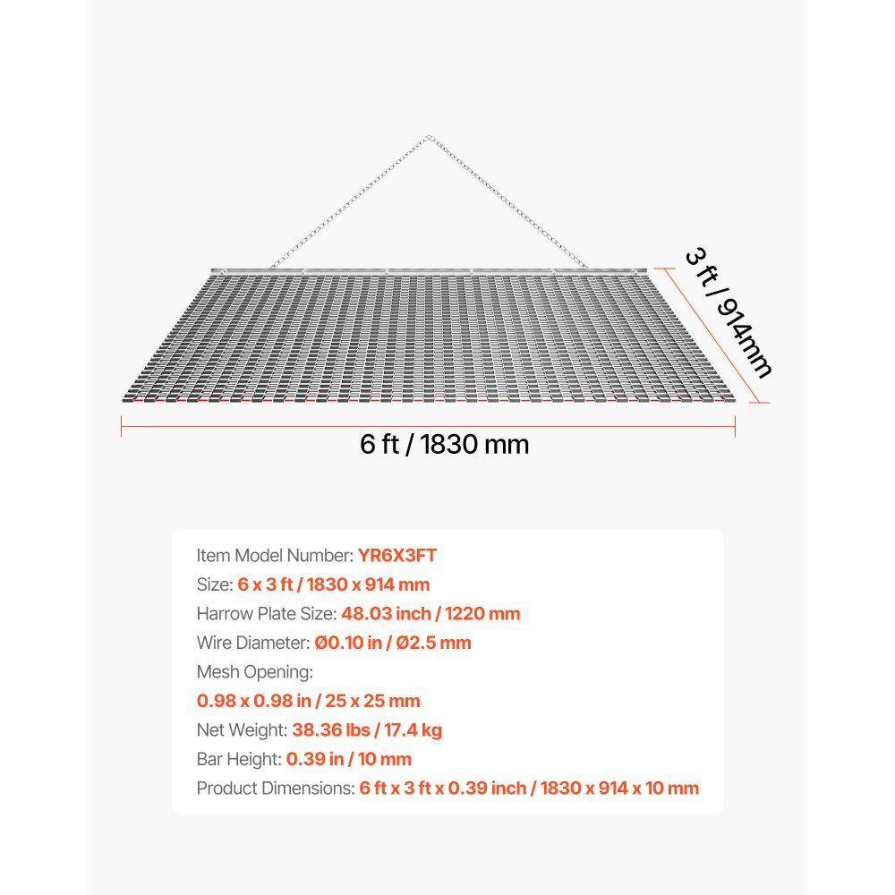 VEVOR Drag Harrow, 6 x 3 ft, High-Efficiency Chain Harrow Rake, ATVs UTVs Tractors Attachments, Durable Galvanized Steel Mesh Drag Mat with Towing Chain, for Gravel Driveway Ruts Farm Field Leveling