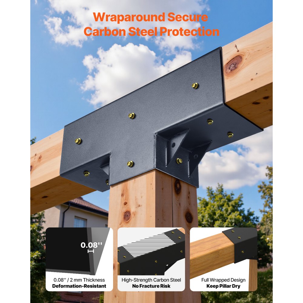 VEVOR Pergola Kit 4-Pack, T-Shaped 4x4 (Actual 3.5x3.5 Inch), 3-Way Pergola Brackets DIY Woodworking Gazebo Bracket Kit with Screws for 3.5x3.5 Inch Wood Beams in Actual Size for Outdoor Party Banquet