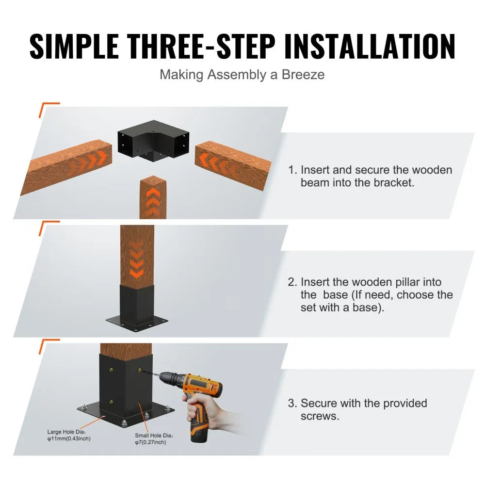 VEVOR Pergola Bracket Kit 4''x4''(Inner Size 3.6x3.6), 4pcs 3-Way Heavy Duty Corner Bracket Woodworks DIY Post Base Kit, Easy Installation Wooden Beams for Gazebos, Patio Pergolas, Log Cabin Outdoor