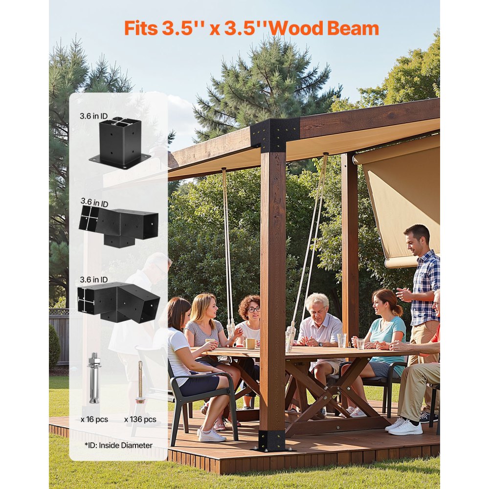 VEVOR Pergola Kit, 4x4 Inch 3-Way Slanted Bracket for 3.5x3.5 Inch Wood Beams in Actual Size, Carbon Steel Pergola Bracket with Screws and Post Bases, for Outdoor Wood Pergolas, Gazebos, Sheds, 8 Pcs