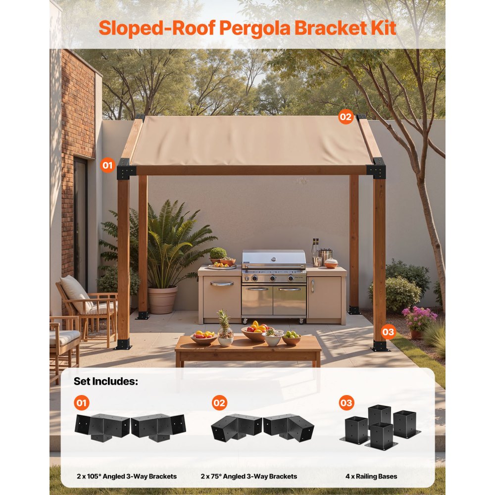 VEVOR Pergola Kit, 4x4 Inch 3-Way Slanted Bracket for 3.5x3.5 Inch Wood Beams in Actual Size, Carbon Steel Pergola Bracket with Screws and Post Bases, for Outdoor Wood Pergolas, Gazebos, Sheds, 8 Pcs