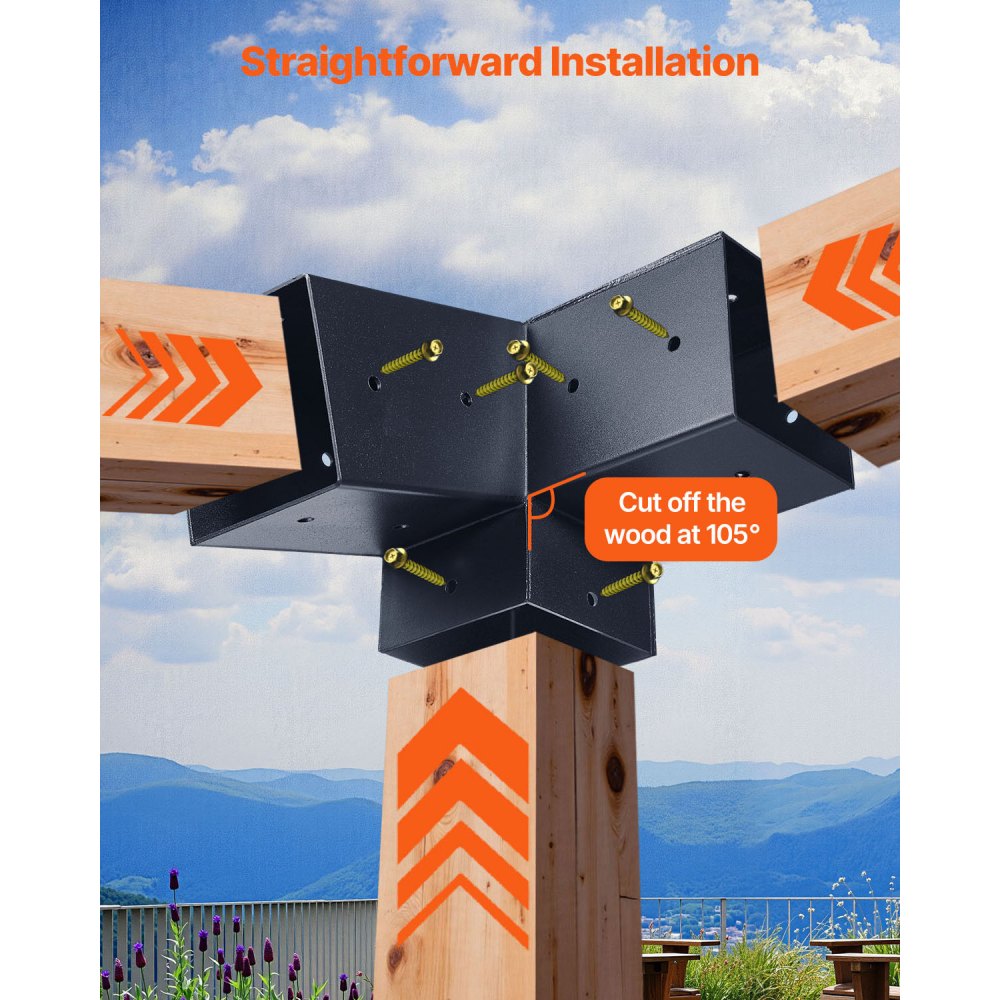 VEVOR Pergola Kit, 4x4 Inch 3-Way Slanted Bracket for 3.5x3.5 Inch Wood Beams in Actual Size, Carbon Steel Pergola Bracket with Screws and Post Bases, for Outdoor Wood Pergolas, Gazebos, Sheds, 8 Pcs