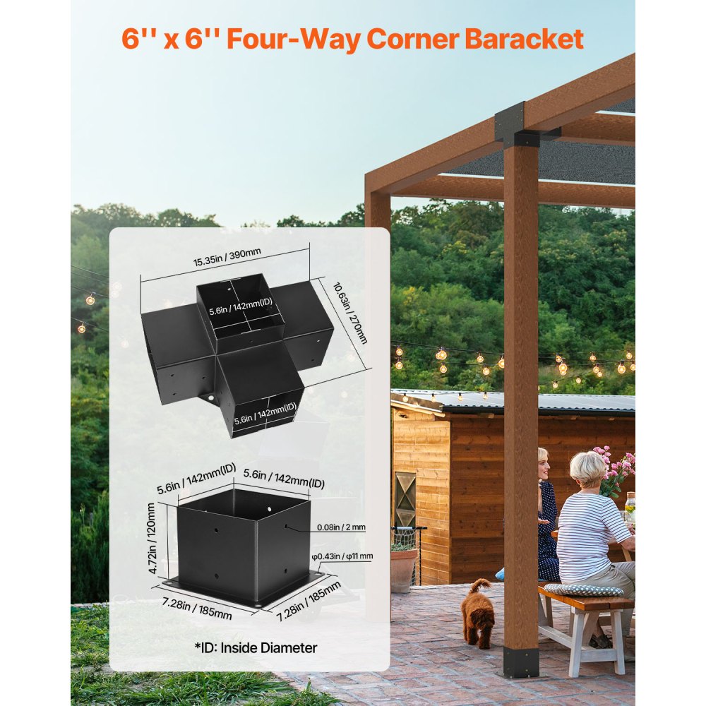 VEVOR Pergola Bracket Kit, 6x6 Inch (Inner Size 5.5x5.5), 2 Pcs 4-Way Heavy Duty Corner Bracket Woodworks DIY Post Base Kit, Easy Installation Wooden Beams for Gazebos, Patio Pergolas, Log Cabin