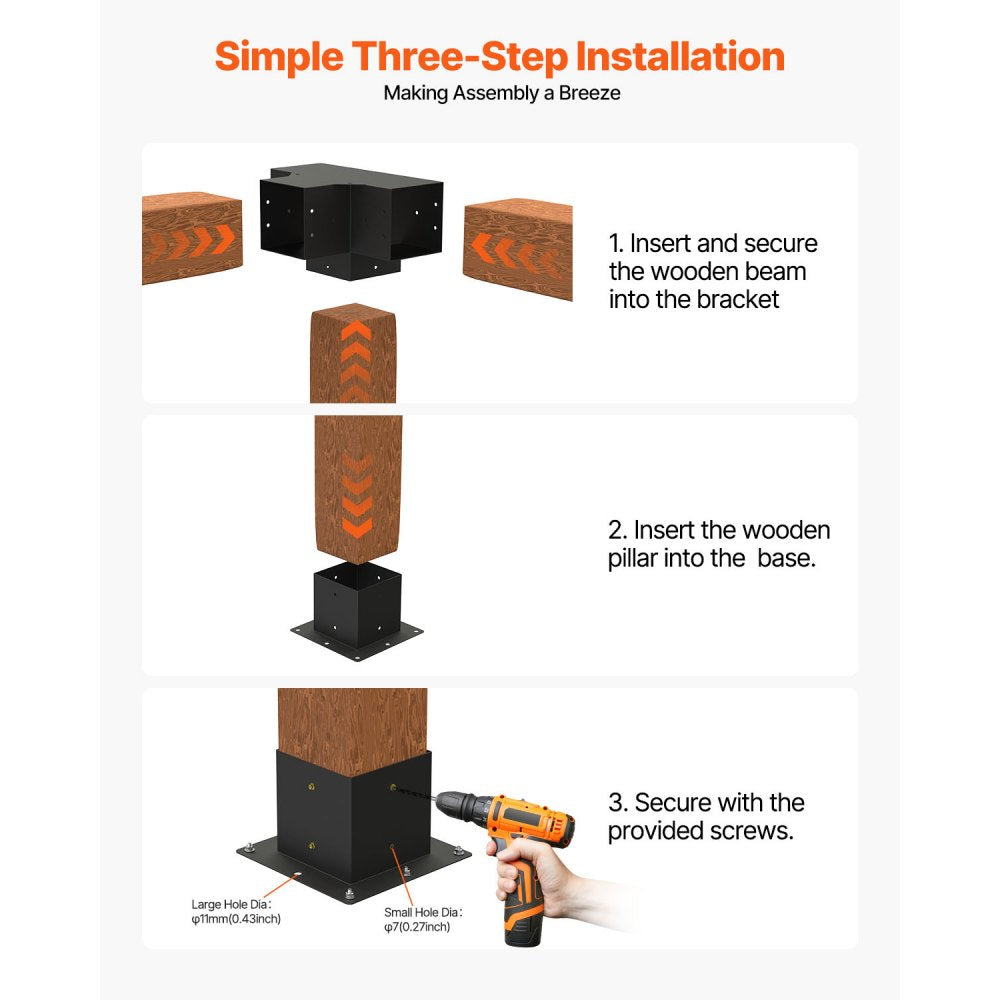 VEVOR Pergola Bracket Kit, 6x6 Inch (Inner Size 5.5x5.5), 2 Pcs 4-Way Heavy Duty Corner Bracket Woodworks DIY Post Base Kit, Easy Installation Wooden Beams for Gazebos, Patio Pergolas, Log Cabin