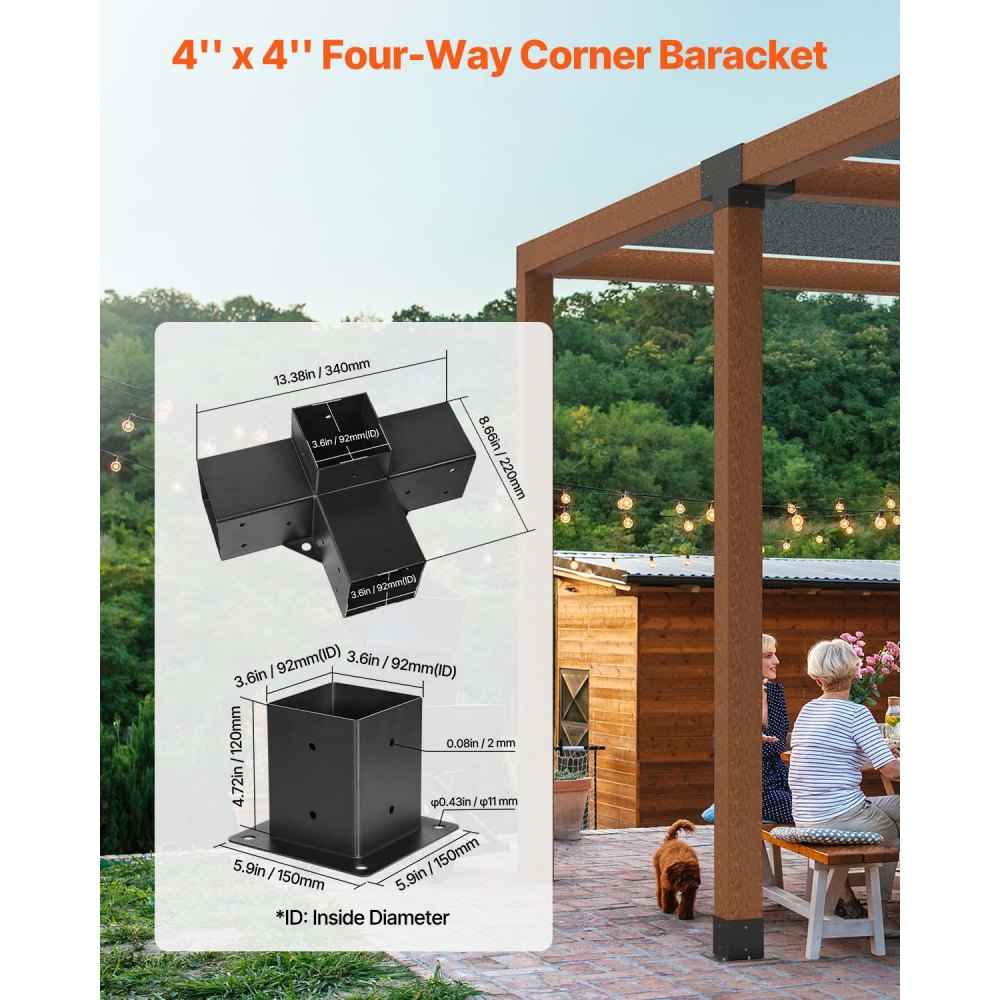 VEVOR Pergola Bracket Kit 4''x4''(Inner Size 3.6x3.6), 4pcs 4-Way Heavy Duty Corner Bracket Woodworks DIY Post Base Kit, Easy Installation Wooden Beams for Gazebos, Patio Pergolas, Log Cabin Outdoor
