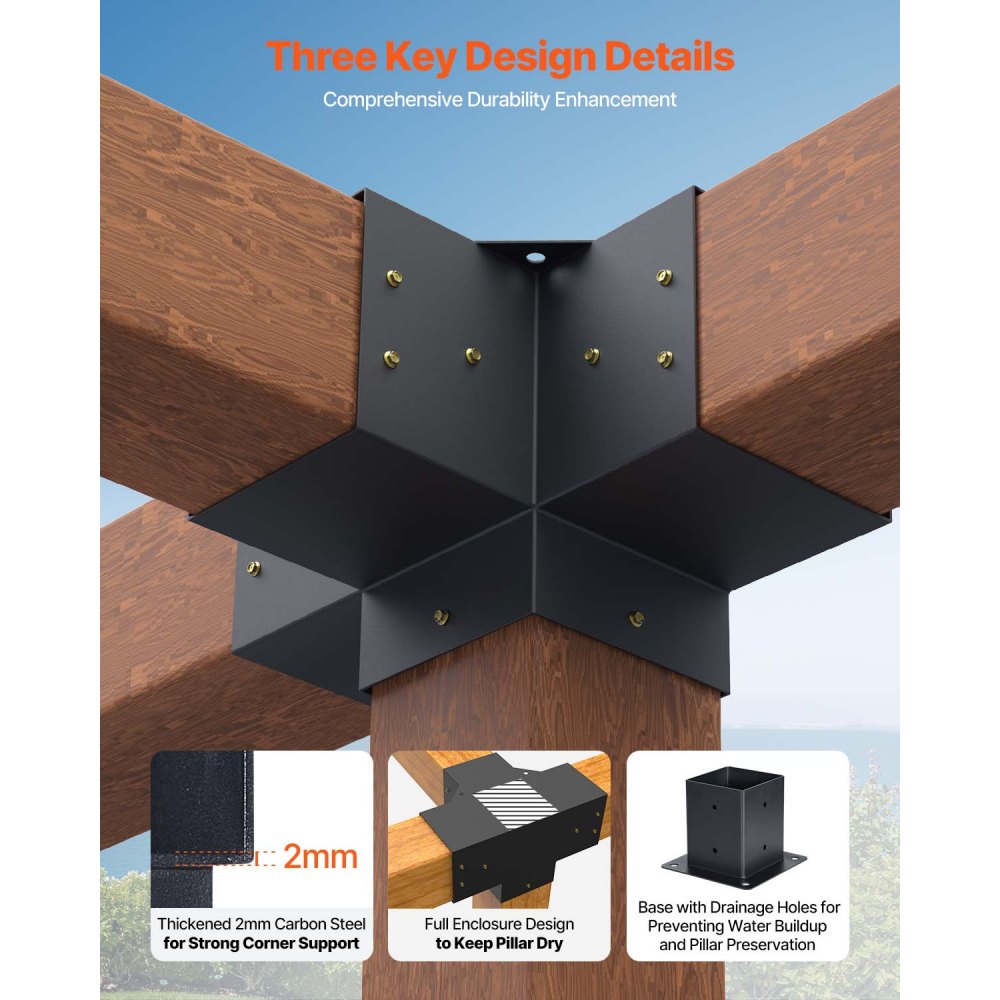 VEVOR Pergola Bracket Kit 4''x4''(Inner Size 3.6x3.6), 4pcs 4-Way Heavy Duty Corner Bracket Woodworks DIY Post Base Kit, Easy Installation Wooden Beams for Gazebos, Patio Pergolas, Log Cabin Outdoor