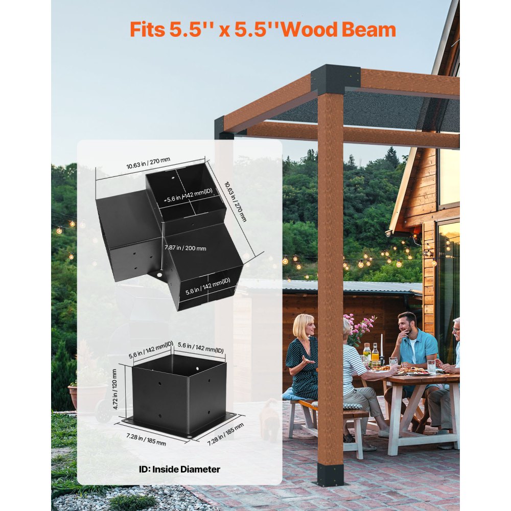 VEVOR Pergola Bracket Kit, 6x6 Inch (Inner Size 5.5x5.5), 4 Pcs 3-Way Heavy Duty Corner Bracket Woodworks DIY Post Base Kit, Easy Installation Wooden Beams for Gazebos, Patio Pergolas, Log Cabin