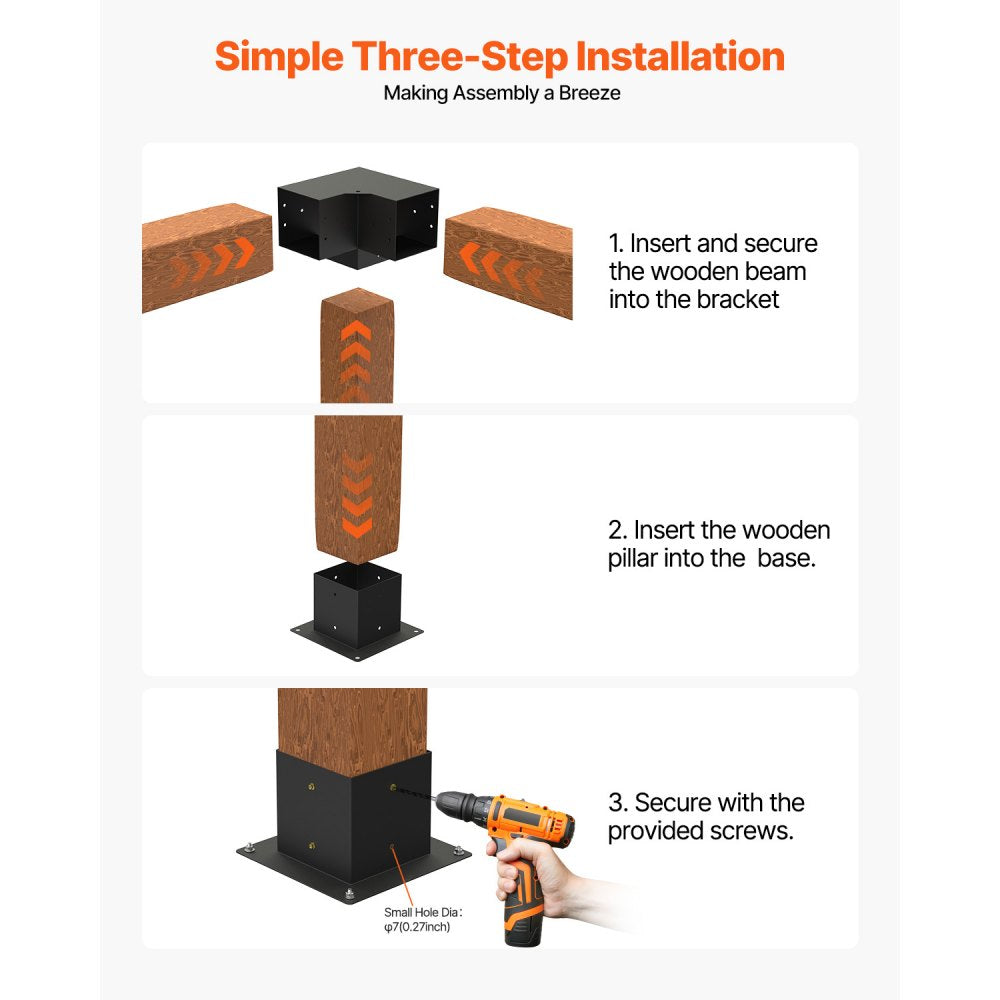 VEVOR Pergola Bracket Kit, 6x6 Inch (Inner Size 5.5x5.5), 4 Pcs 3-Way Heavy Duty Corner Bracket Woodworks DIY Post Base Kit, Easy Installation Wooden Beams for Gazebos, Patio Pergolas, Log Cabin