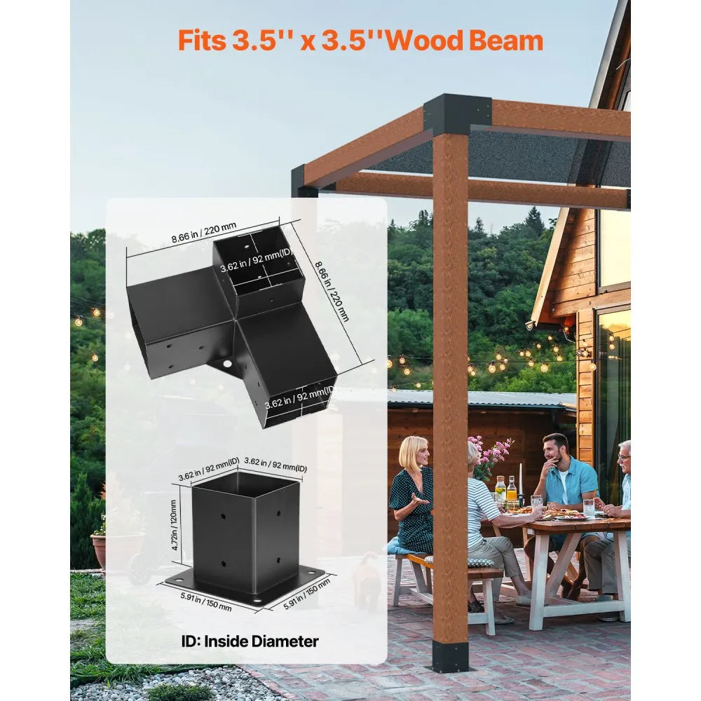 VEVOR Pergola Bracket Kit, 4x4 Inch (Inner Size 3.5x3.5), 4 Pcs 3-Way Heavy Duty Corner Bracket Woodworks DIY Post Base Kit, Easy Installation Wooden Beams for Gazebos, Patio Pergolas, Log Cabin