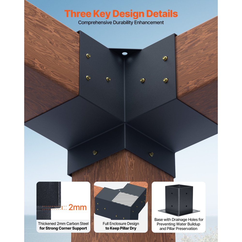 VEVOR Pergola Bracket Kit, 4x4 Inch (Inner Size 3.5x3.5), 4 Pcs 3-Way Heavy Duty Corner Bracket Woodworks DIY Post Base Kit, Easy Installation Wooden Beams for Gazebos, Patio Pergolas, Log Cabin