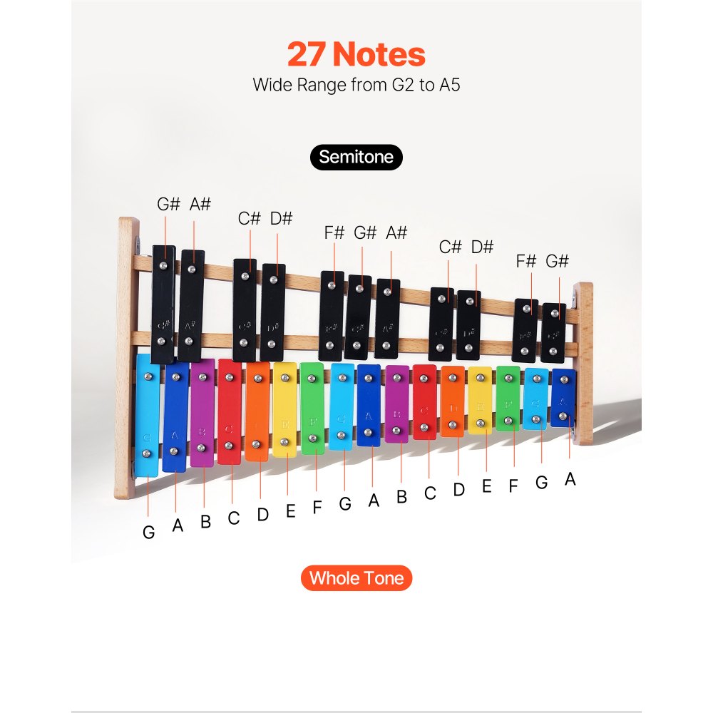 VEVOR Glockenspiel Xylophone, 27 Notes, Professional Xylophone Percussion Instrument, with Colorful Metal Keys, Includes 4 Mallets, Carrying Bag, Beginner Musical Instrument Kit for Adults and Kids