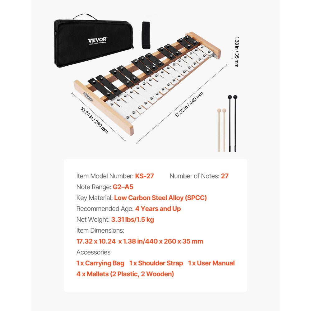 VEVOR Glockenspiel Xylophone, 27 Notes, Professional Xylophone Percussion Instrument, with Metal Keys, Includes 4 Mallets, Carrying Bag, Beginner Musical Instrument for Adults and Kids Music Teaching