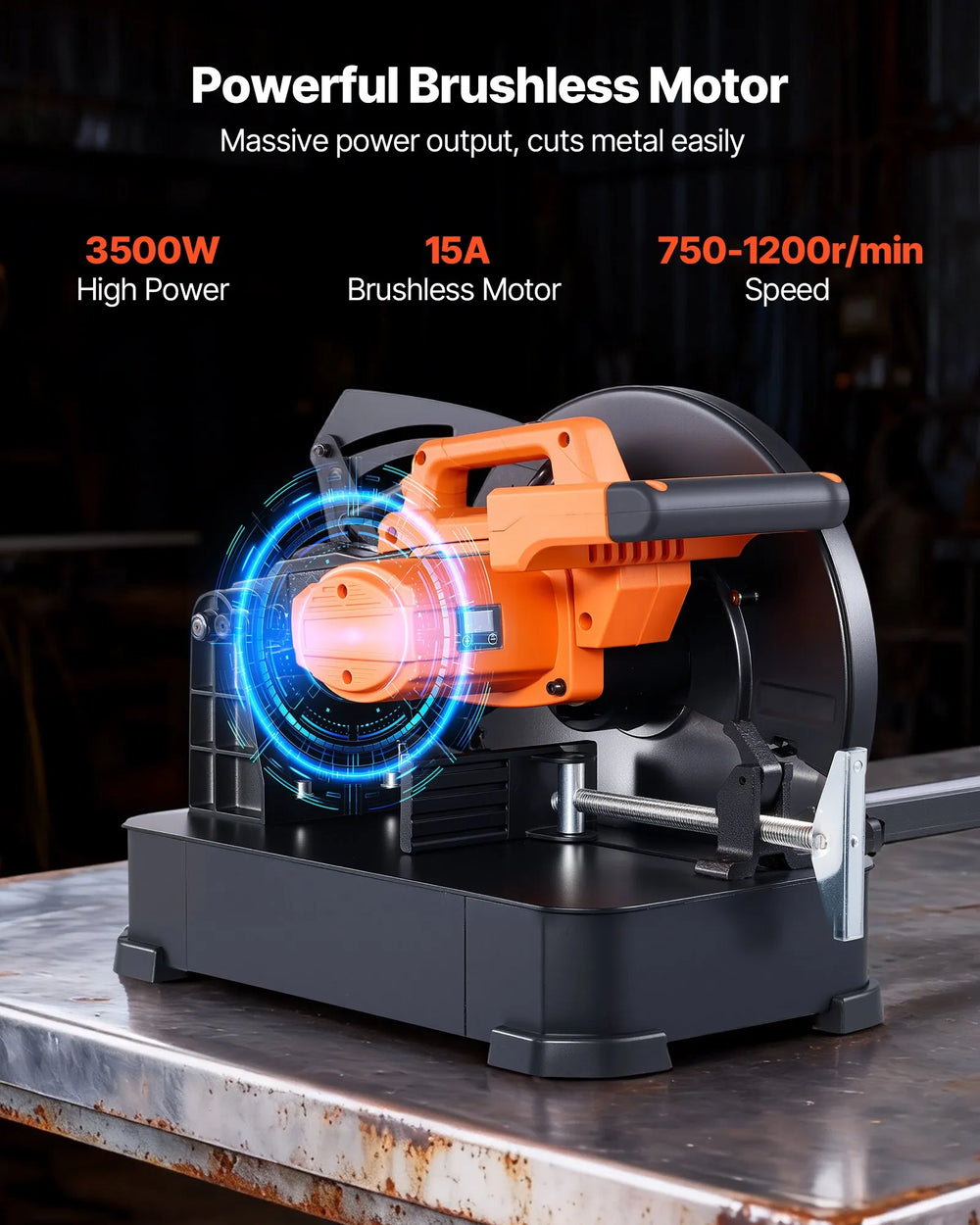 Powerful brushless motor infographic (3500W, 15A, 750-1200 r/min)