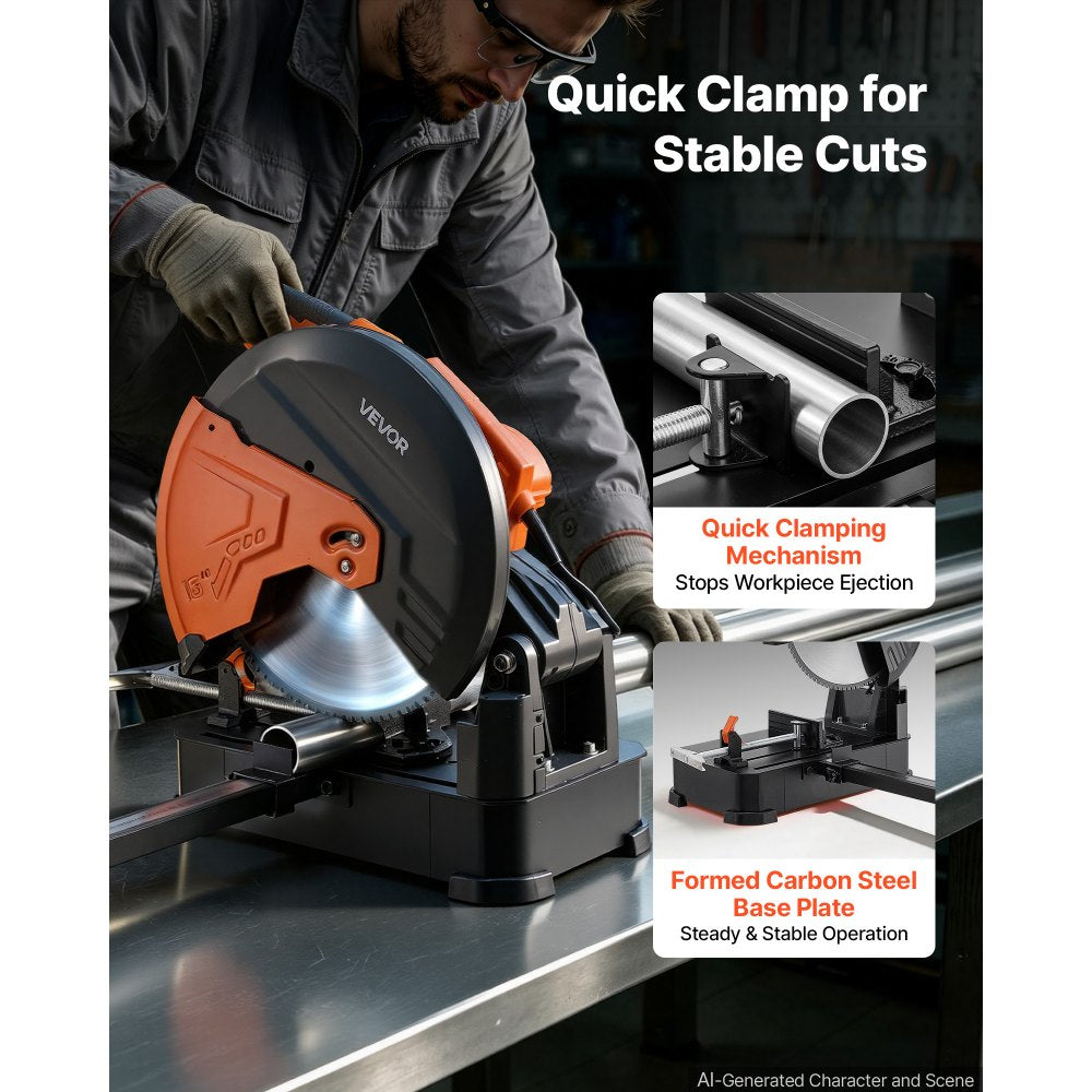 VEVOR Chop Saw 16-inch Cold Cut Blade 3000 W Powerful Motor Cut Off Saw, For Cutting Metal, -45° to 45° Adjustable Angle, Efficient Dry Cutting, Stable, with Thickened Blade Guard and Scale Ruler