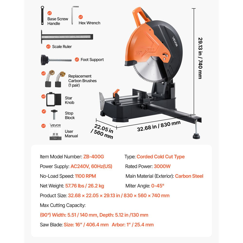VEVOR Chop Saw 16-inch Cold Cut Blade 3000 W Powerful Motor Cut Off Saw, For Cutting Metal, -45° to 45° Adjustable Angle, Efficient Dry Cutting, Stable, with Thickened Blade Guard and Scale Ruler