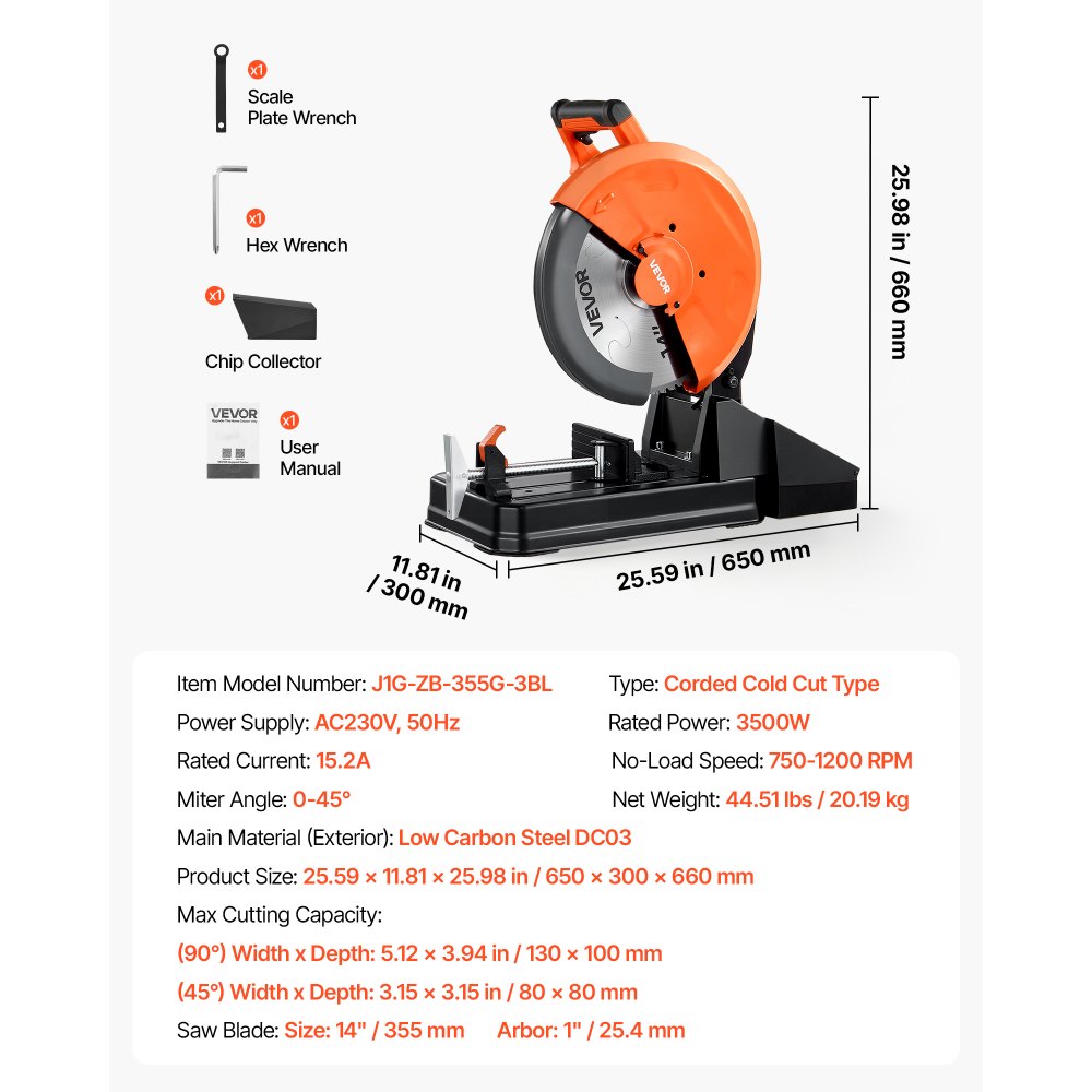 VEVOR Chop Saw 14-inch Cold Cut Blade 3500 W Brushless Motor Cut Off Saw, For Cutting Metal, -45° to 45° Adjustable Angle, 750-1200 r/min Adjustable Speed, Dry Cutting, with Chip Collection Box