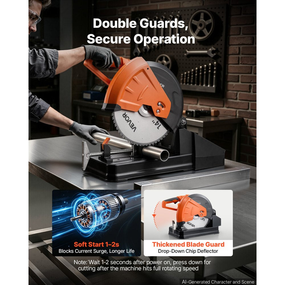 VEVOR Chop Saw 14-inch Cold Cut Blade 2800 W Powerful Motor Cut Off Saw, For Cutting Metal, -45° to 45° Adjustable Angle, Efficient Dry Cutting, with Thickened Blade Guard and Chip Collection Box