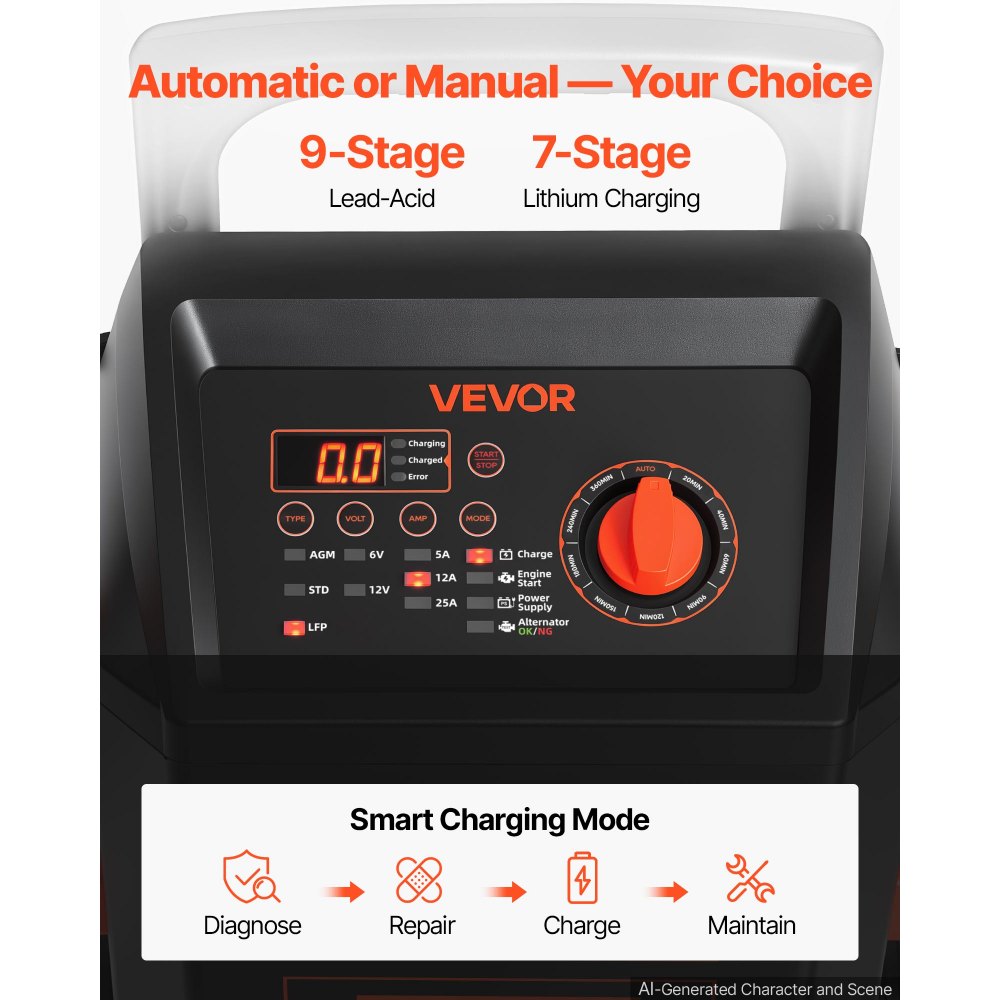 VEVOR 6V/12V Wheeled Battery Charger 150A 12V Car Charger Engine Starter, Heavy Duty Automotive Car Battery Maintainer, Fully Automatic, with Wheels, Compatible with Lead-Acid and Lithium Batteries