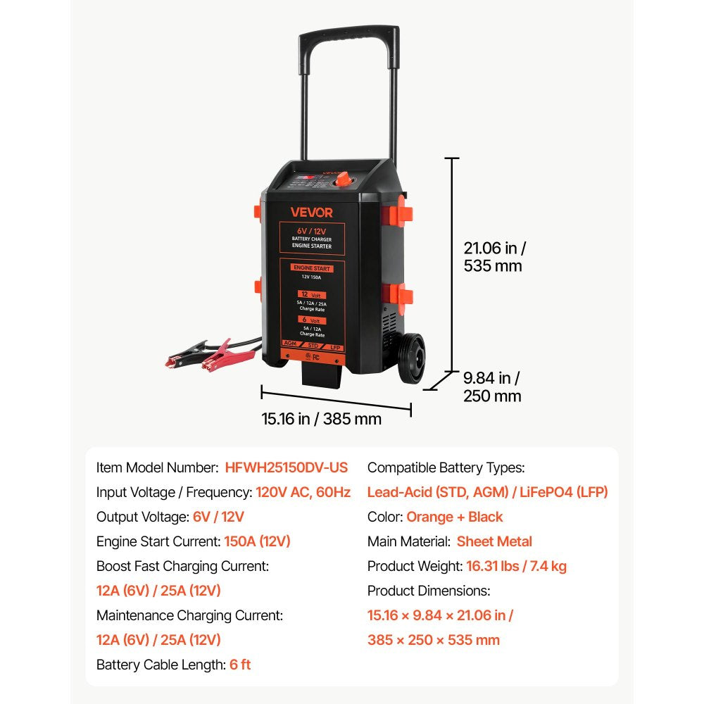 VEVOR 6V/12V Wheeled Battery Charger 150A 12V Car Charger Engine Starter, Heavy Duty Automotive Car Battery Maintainer, Fully Automatic, with Wheels, Compatible with Lead-Acid and Lithium Batteries