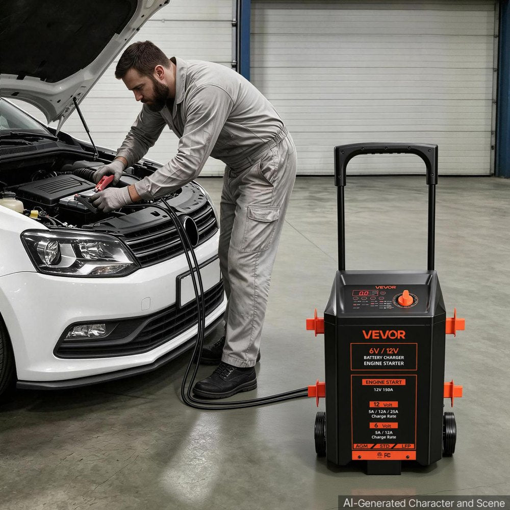 VEVOR 6V/12V Wheeled Battery Charger 150A 12V Car Charger Engine Starter, Heavy Duty Automotive Car Battery Maintainer, Fully Automatic, with Wheels, Compatible with Lead-Acid and Lithium Batteries