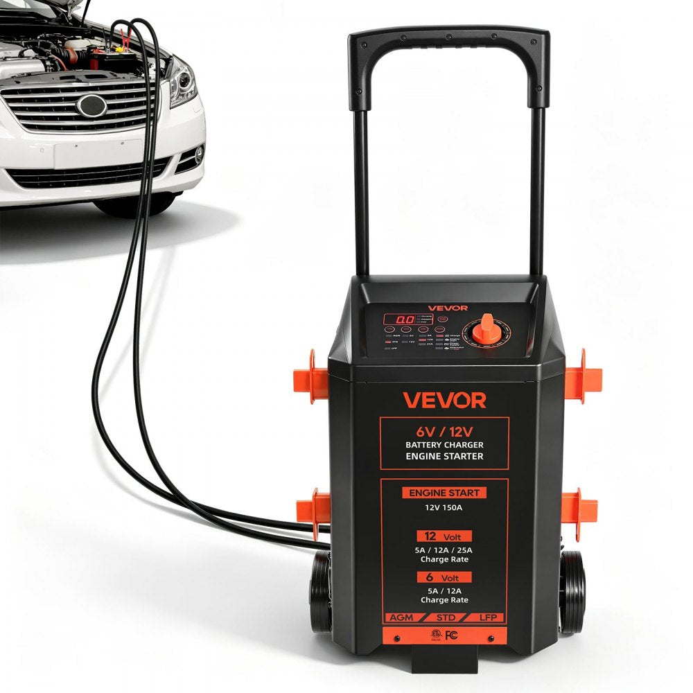 VEVOR 6V/12V Wheeled Battery Charger 150A 12V Car Charger Engine Starter, Heavy Duty Automotive Car Battery Maintainer, Fully Automatic, with Wheels, Compatible with Lead-Acid and Lithium Batteries