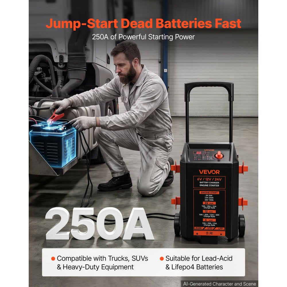 VEVOR Wheeled Battery Charger 6V/12V/24V 50A/250A/100A Car Charger Starter, Heavy Duty Automotive Car Battery Maintainer Engine Start, Fully Automatic, with Wheels, for Lead-Acid and Lithium Batteries