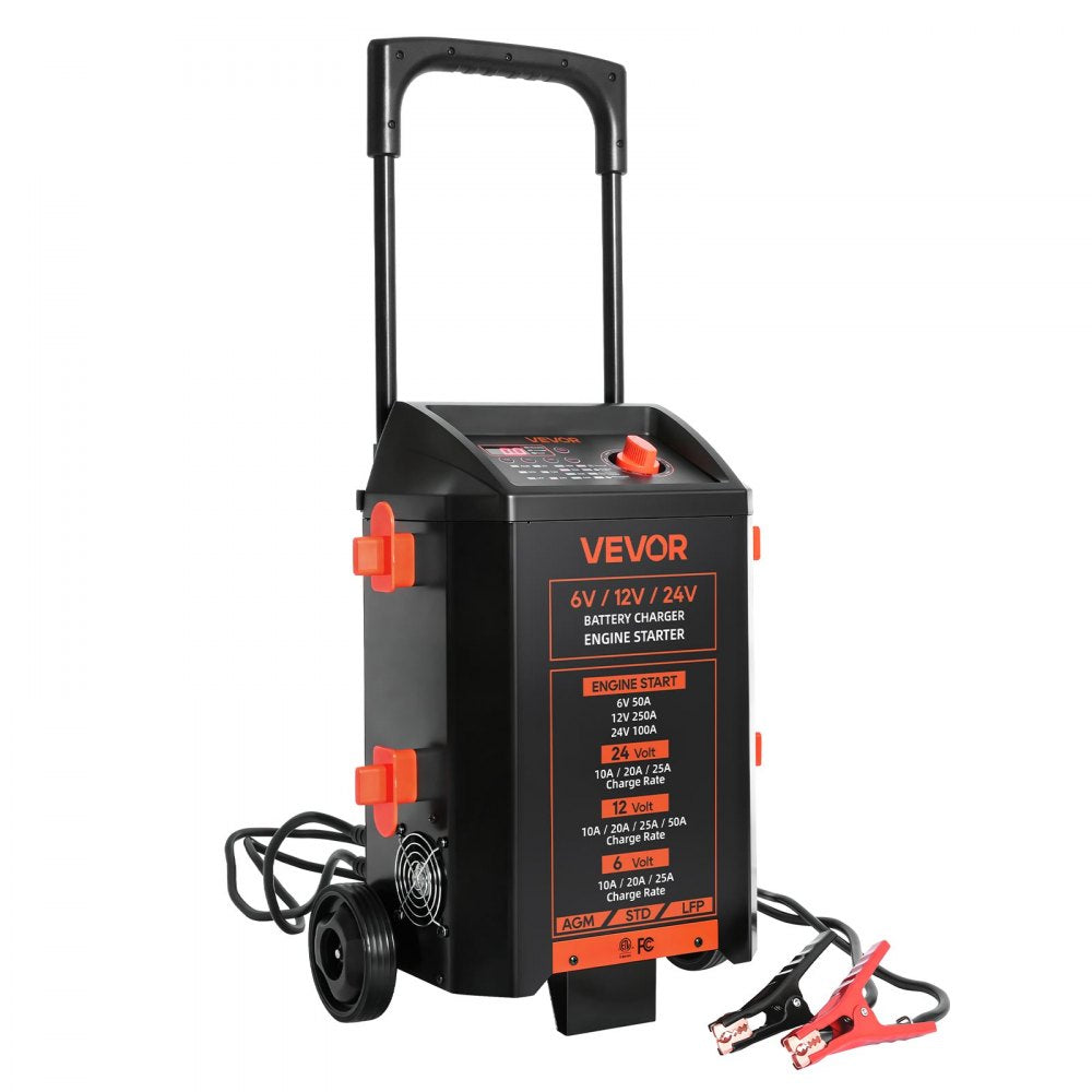 VEVOR Wheeled Battery Charger 6V/12V/24V 50A/250A/100A Car Charger Starter, Heavy Duty Automotive Car Battery Maintainer Engine Start, Fully Automatic, with Wheels, for Lead-Acid and Lithium Batteries