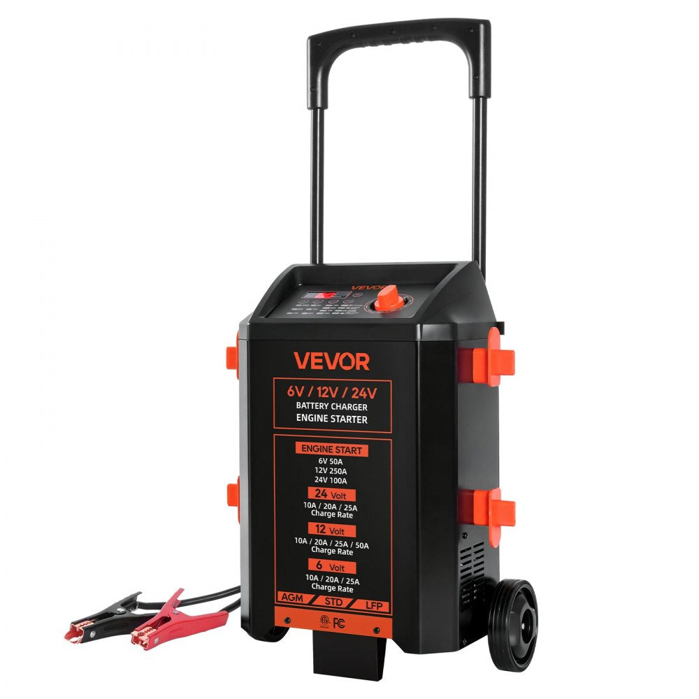 VEVOR Wheeled Battery Charger 6V/12V/24V 50A/250A/100A Car Charger Starter, Heavy Duty Automotive Car Battery Maintainer Engine Start, Fully Automatic, with Wheels, for Lead-Acid and Lithium Batteries