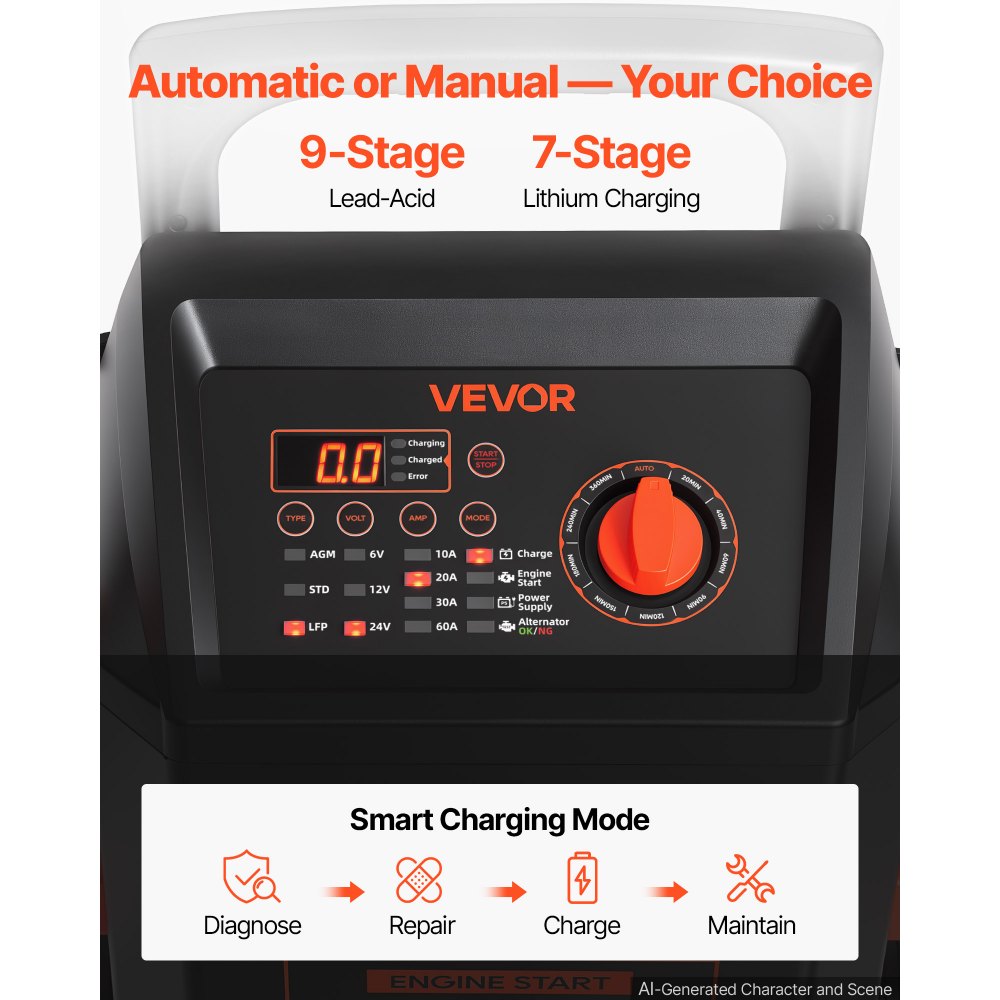 VEVOR Wheeled Battery Charger 6V/12V/24V 60A/300A/200A Car Charger Starter, Heavy Duty Automotive Car Battery Maintainer Engine Start, Fully Automatic, with Wheels, for Lead-Acid and Lithium Batteries
